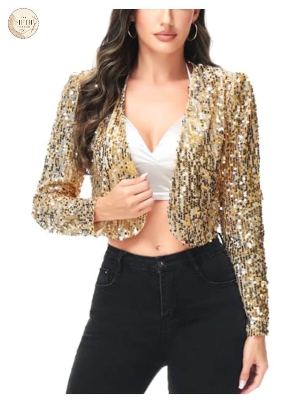 Sequin Long Sleeve Cropped Blazer Bolero Shrug Open Front